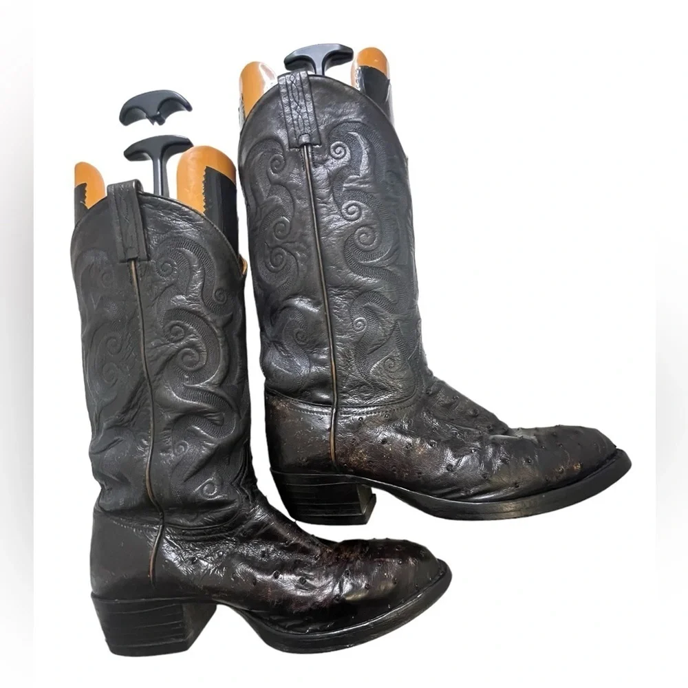 Tony Lama Cowboy Boots 8.5 Mens Black Ostrich Leather Narrow Round Toe